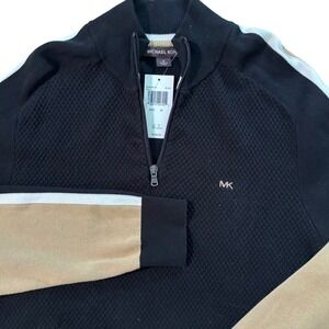 Michael Kors Mens‎ Quarter Zip Sweater M Black Beige Cotton Textured Waffle Knit